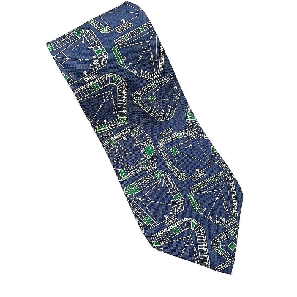 Josh Bach Baseball Stadium Blueprints Silk Tie Mens Navy Blue‎ Vintage Ballparks